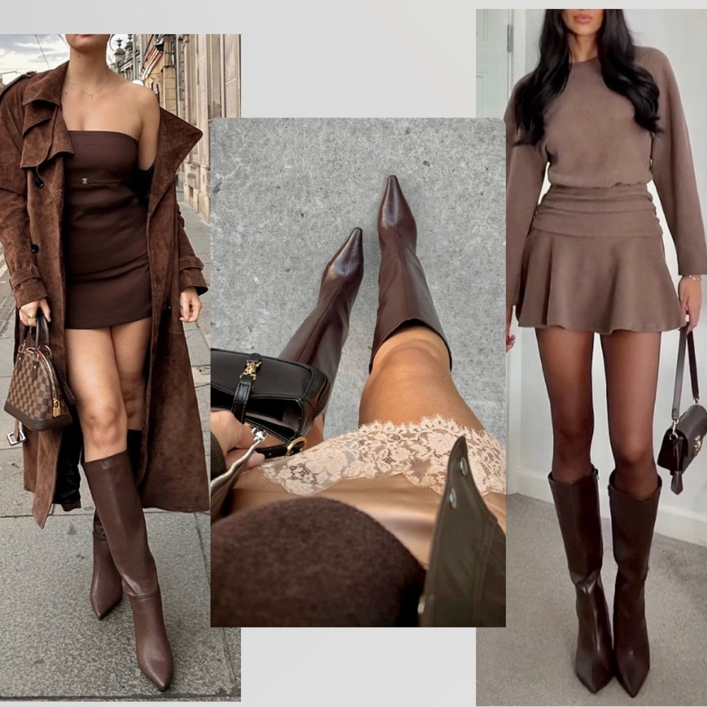 Brown Faux Leather Women Knee High Boots Pointed Toe Stiletto Side Zipper Dressy